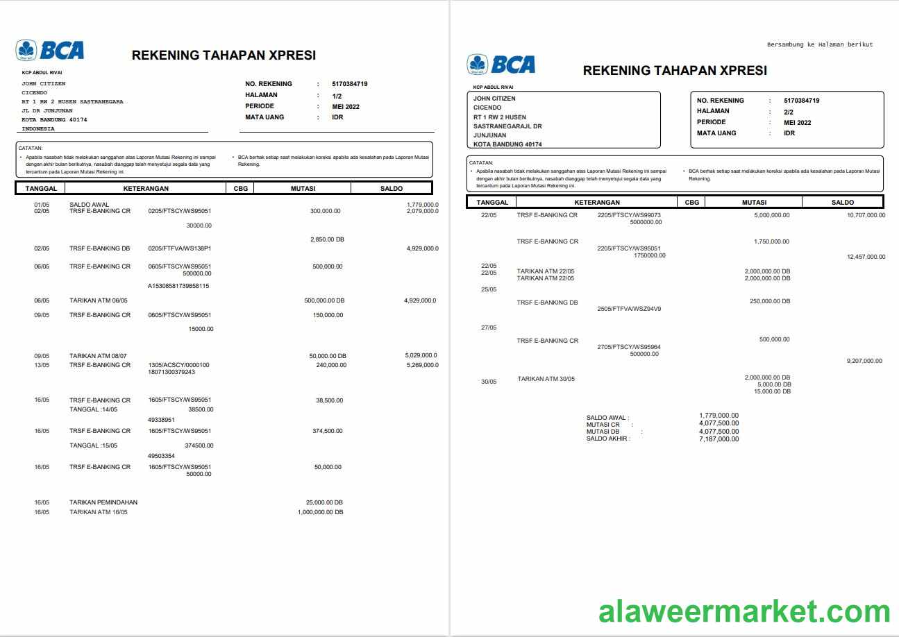 Indonesia BCA bank statement 2 pages